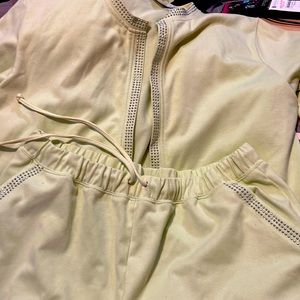 Beautiful two piece lime green polyester cotton spandex pant suit